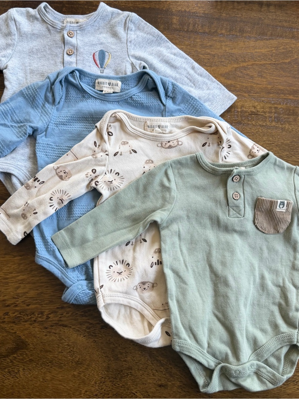 Rabbit + Bear Neutral & Blue Baby Long-Sleeve Onesie Bundle